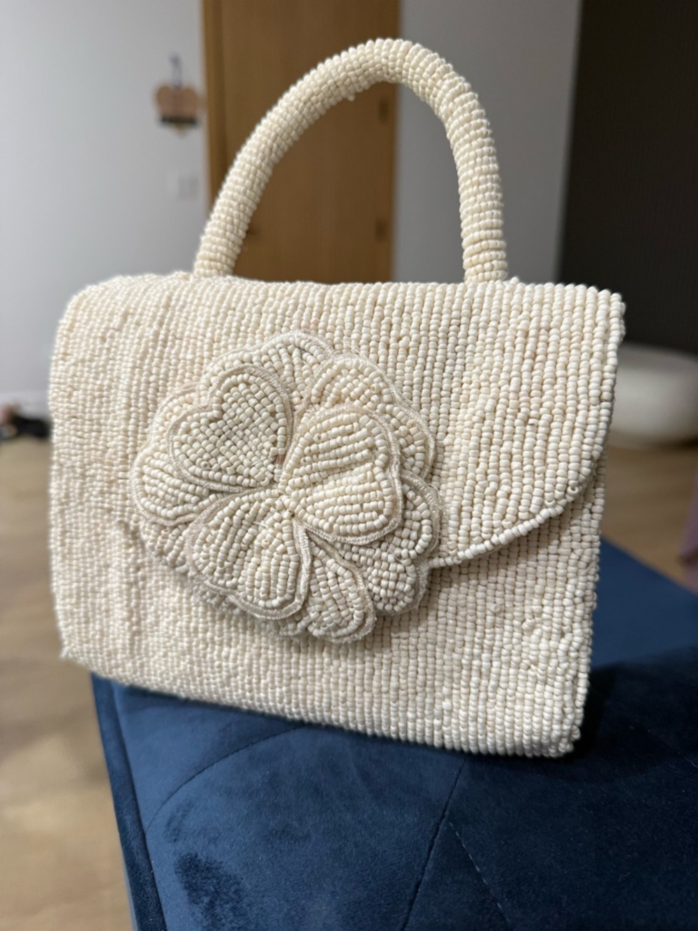 Handcrafted Beaded Cream Top-Handle Bag